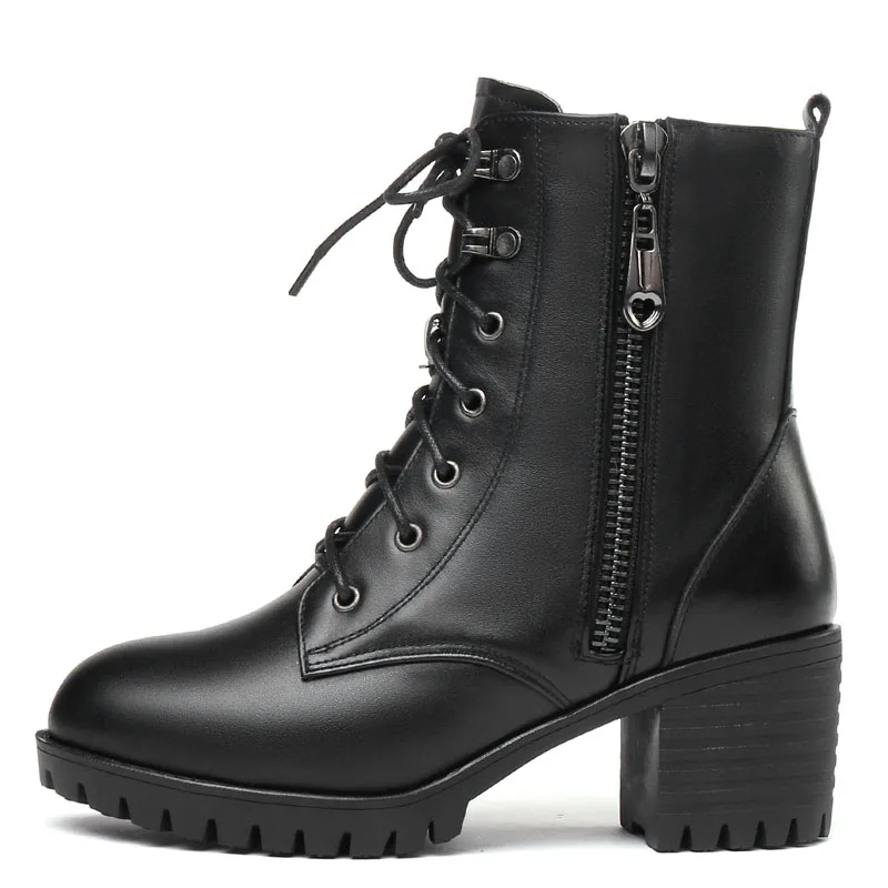 DRKANOL Winter Warm Wool Boots Women Snow Boots Genuine Leather Thick High Heel Mid Calf Non-slip Boots Women Fur Warm Shoes