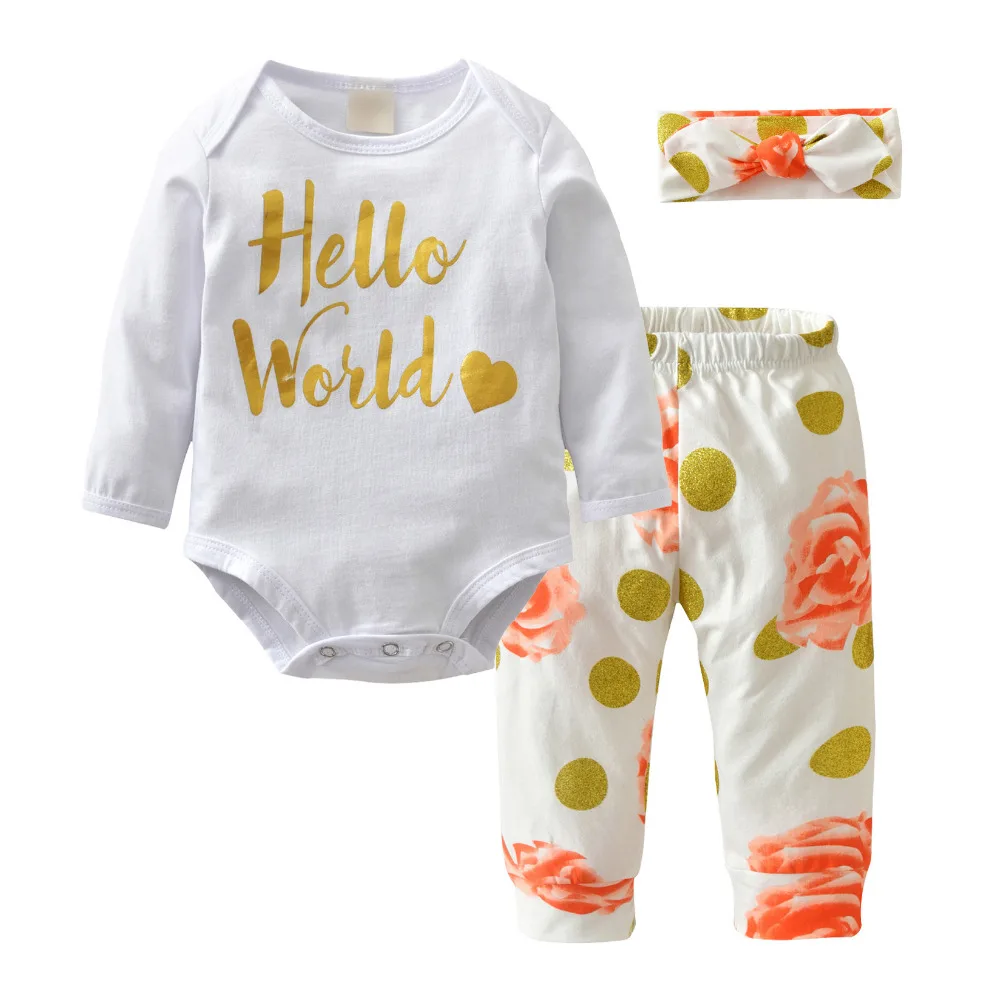 

Newborn Baby Girl Clothes Autumn Baby Girls Clothing Sets Hello World Printing Bodysuit+Flower Pants+Headband Toddler Outfits