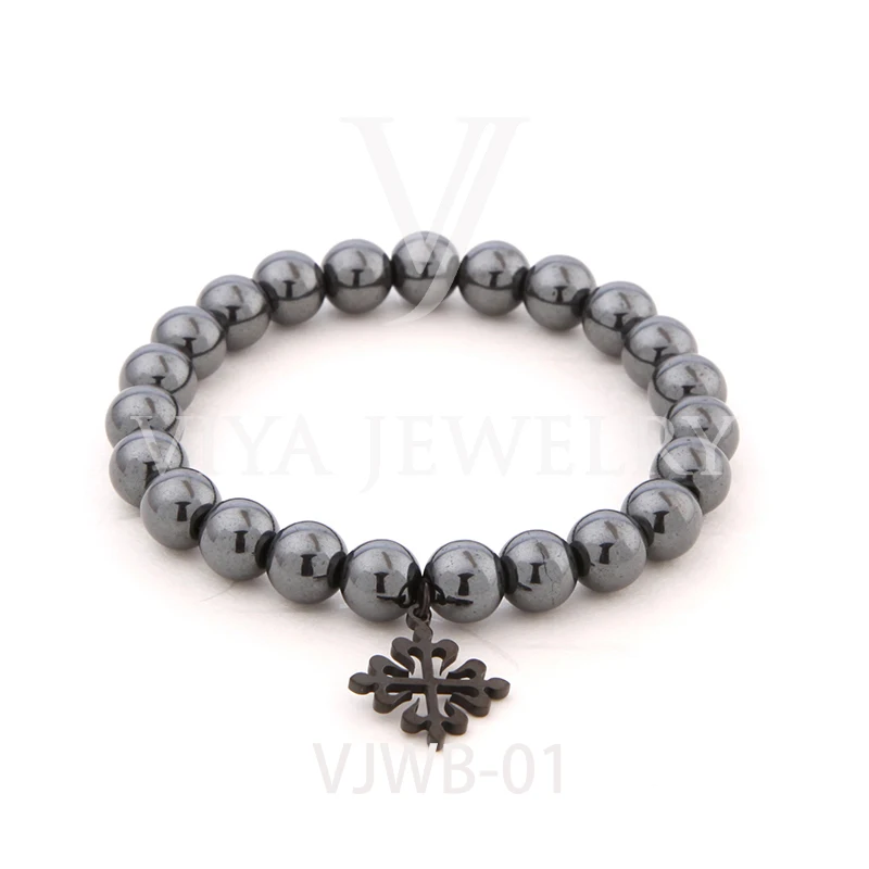 Gun black hematite beads stretch bracelet with black cross charms high Gun black hematite beads stretch bracelet with black cross charms high