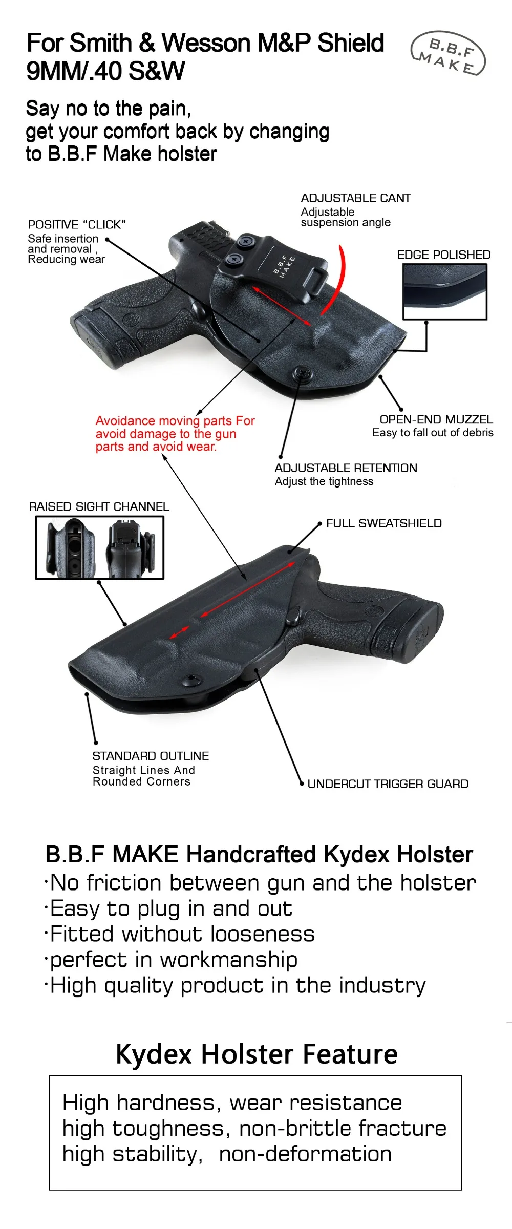 B.B.F Make IWB KYDEX кобура на заказ подходит: M& P щит 9 мм/. 40 s& w пистолет кобура внутри скрытый кейс для пистолета