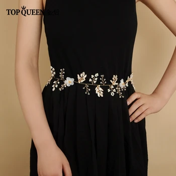 

TOPQUEEN SH72 Bridal Belts with Pearls Gold Leaves and Rhinestone Wedding Sash Belt for The Bride Wedding Accessories