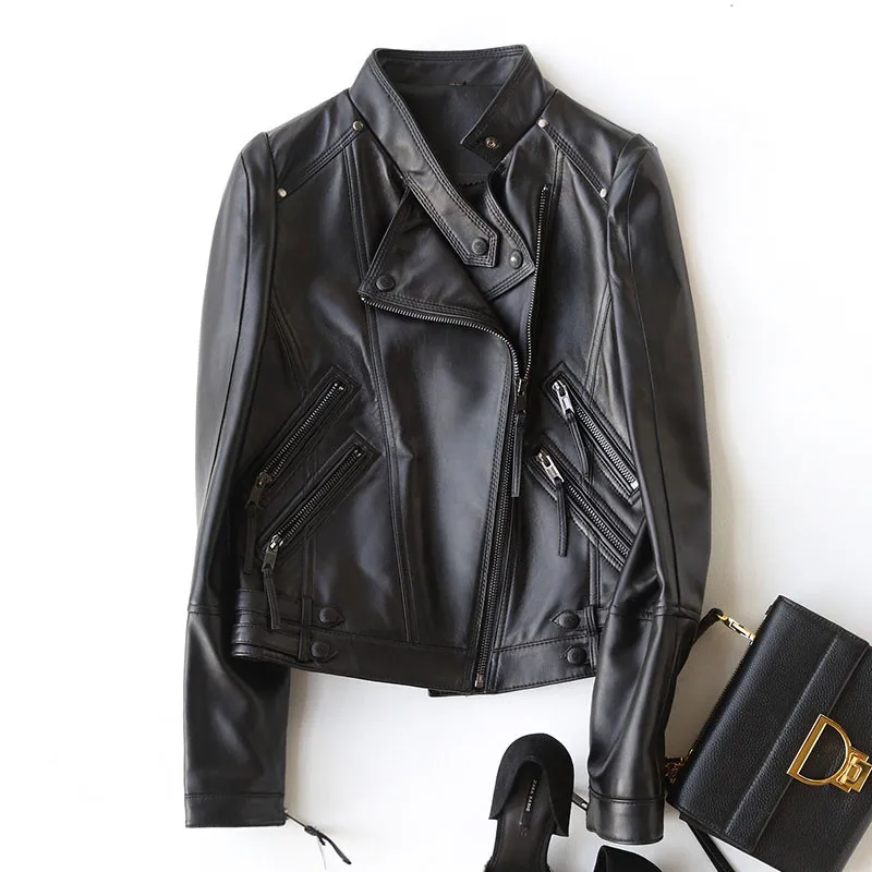 

2019 Spring Autumn Genuine Leather Jacket Motorcycle Real Sheepskin Coat Women Short Black Slim Jackets Outerwear chaqueta YQ391