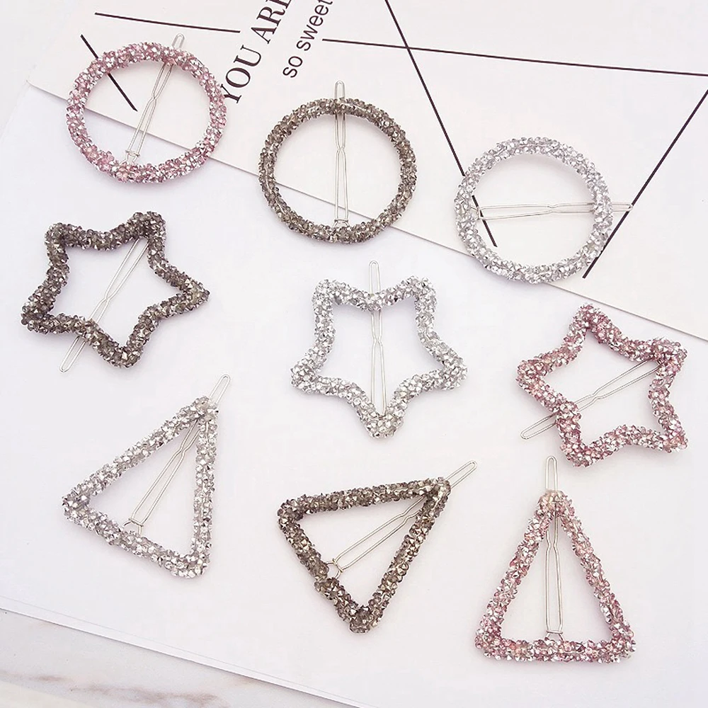 

1pc Fashion Crystal Rhinestones Hairpin Star Triangle Round Shape Women Hair Clips Barrettes Hair Accessories