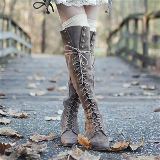 Mid Heel Grey Black Leather Cowboy Women Boots Retro Autumn Winter Boots Lace Up Knee High Boots Shoes Woman Botas Mujer (2)