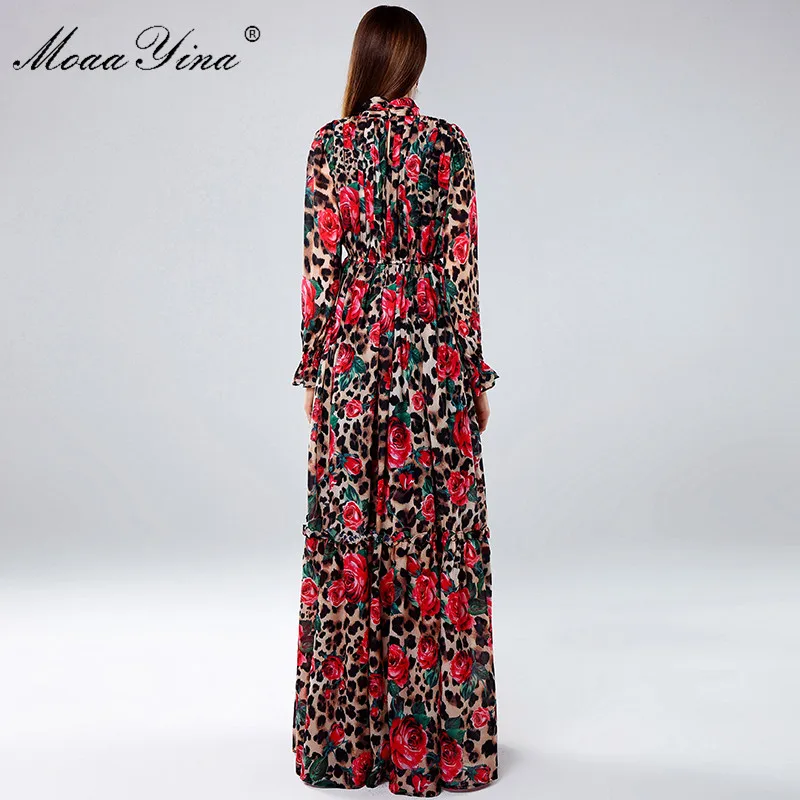 MoaaYina Fashion Designer Maxi Dresses Women's Long Sleeve Sexy Leopard Print Rose Floral Elegant Long Dress Party Holiday Dress image 6