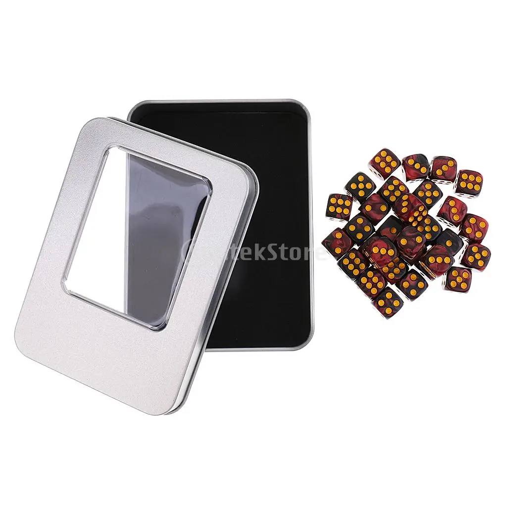 Portable 30 Pieces Acrylic 6-sided Spot Dice D6 with Iron Box Case for Party Bar Casino Supplies DND RPG Table Game Props