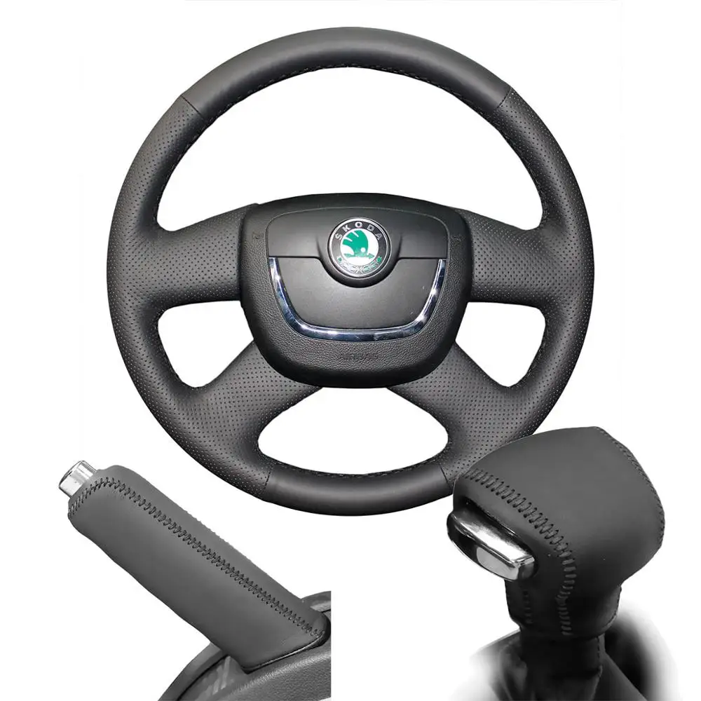 3 PCS SET Black line PONSNY Рулевое управление автомобиля/Шестерня/ручной тормоз чехол из натуральной кожи для SKODA Octavia Superb 2009-2013 авто ручной сшитый чехол - Название цвета: 3 PCS SET Black line