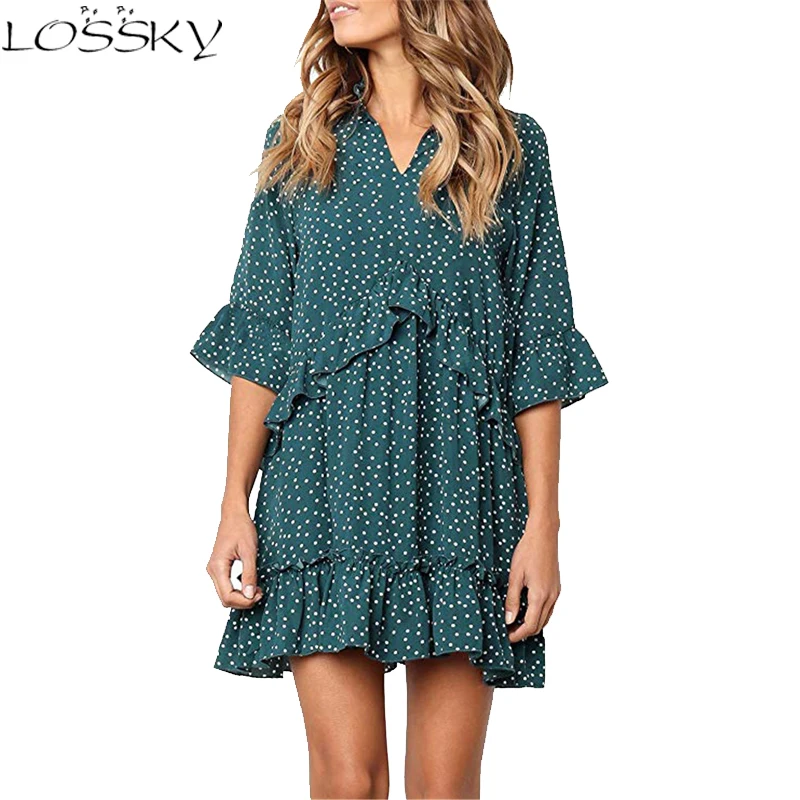 

Point Dot Print Women Dress Flare Sleeves Fashion Wave V-neck Loose Summer Ruffle Dresses Fashion Female Clothing Vestidos