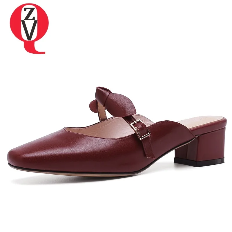 

ZVQ shoes women 2019 summer new fashion sexy high quality genuine leather women slipper square toe med square heel outside shoes