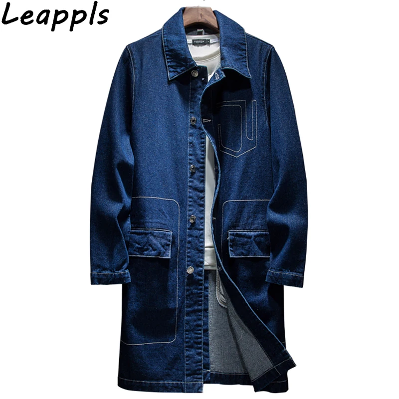 leappls 90 cotton denim Mens Trench Coat Fashion Designer Men Long Coat Autumn Winter Windproof