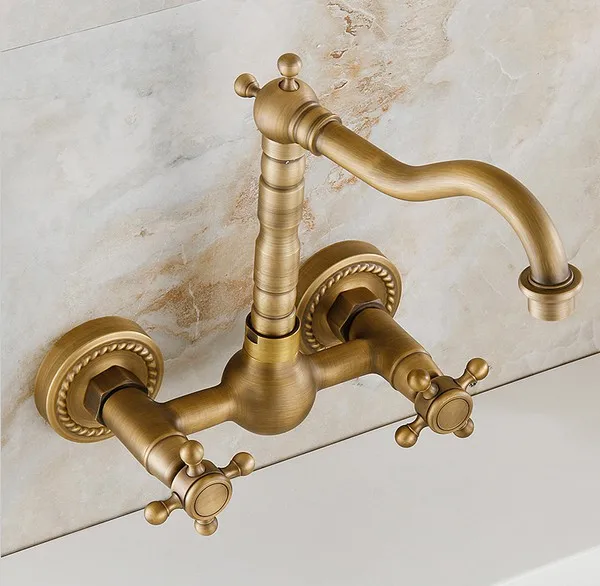 Antique Brass Wall Mounted Dual Cross Handles Swivel Spout Kitchen Sink Bathroom Basin Faucet Cold & Hot Mixer Tap asf006a