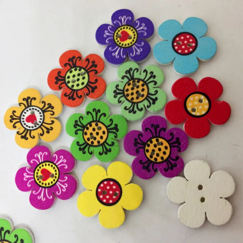 100Pcs Popular Flower Shaped Buttons Home Decoration Crafts Wooden Scrapbooking 2 Holes Mixed Wood Sewing | Дом и сад