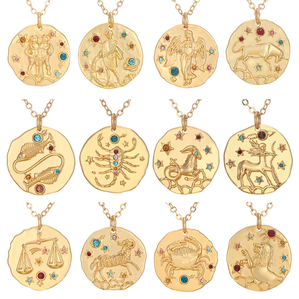 

18K Golden Plated Bronze Constellation Zodiac Coin Pendant Necklace Celestial Jewelry