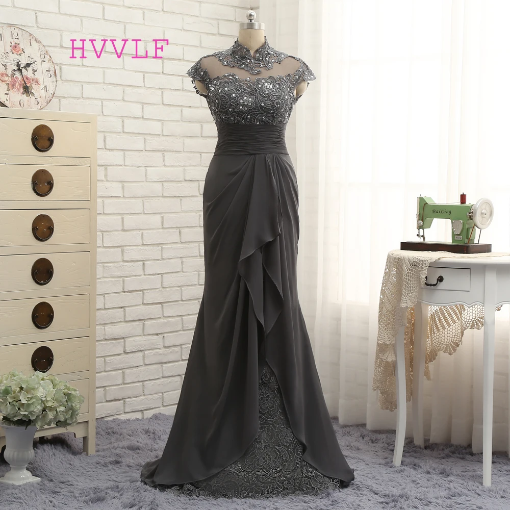 

Open Back 2019 Mother Of The Bride Dresses Mermaid Cap Sleeves Gray Lace Beaded Long Evening Dresses Mother Dresses For Wedding