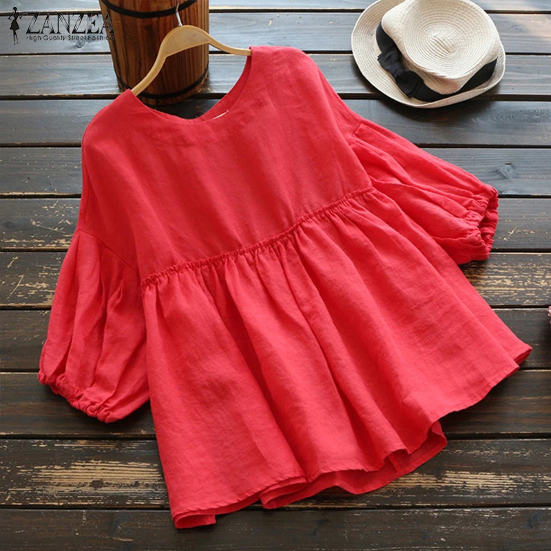 

ZANZEA Women Casual Cotton Linen Blosue 2019 Summer Solid O-neck 3/4 Lantern Sleeve Shirt Ruffled Work Office Top Loose Blusas