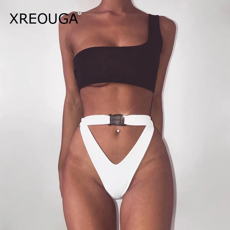 

XREOUGA 2018 Sexy Triangle White Bikini Solid Black One Shoulder Nylon Biquini High Waist Thong Maillot De Bain Femme