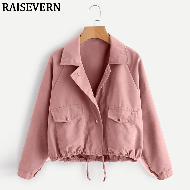 

2019 Autumn Long Sleeve Turndown collar Solid Women Jacket Button Pocket Casual Streetwear Harajuku Short Outwear
