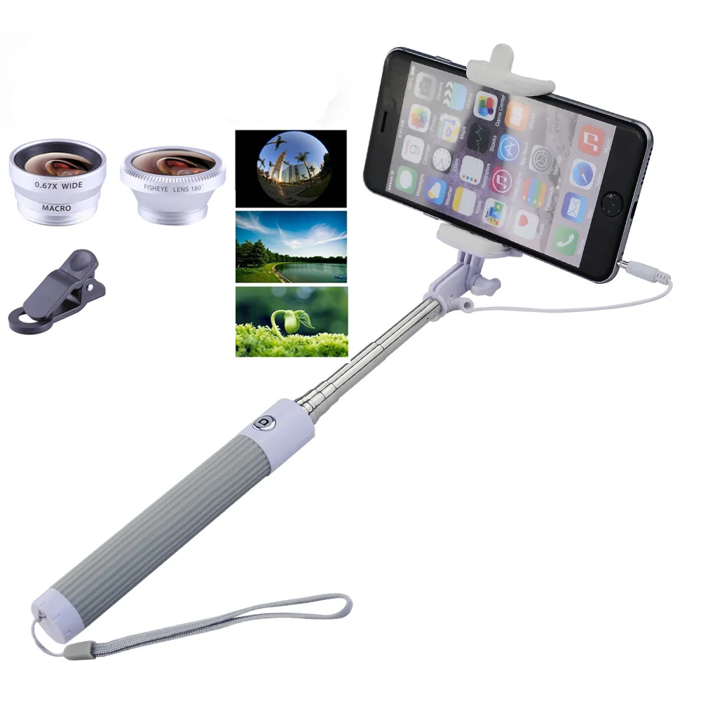 Monopod Selfie عصا 3 في 1 عدسة كيت عين السمكة واسعة و ماكرو العالمي الهاتف المحمول العدسات ل فون X 7 8 زائد سامسونج S8