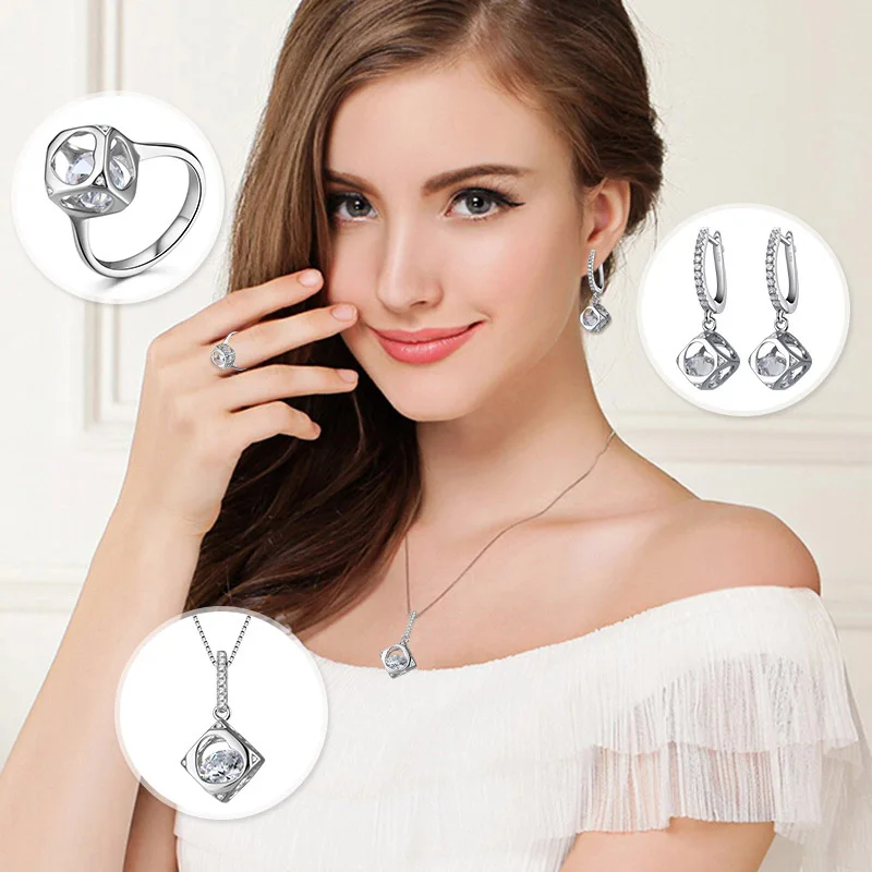 

HONGYE Elegant Clear Cubic Zircon Fine Jewelry Set Hollow Heart 925 Sterling Silver Earrings/Necklaces/Rings for Women Best Gift