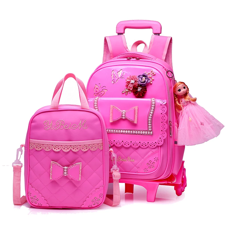 

2 wheels Trolley Backpack For Children PU Waterproof Fashion bow-knot Pattern School Bag Detachable Backpack For Girls