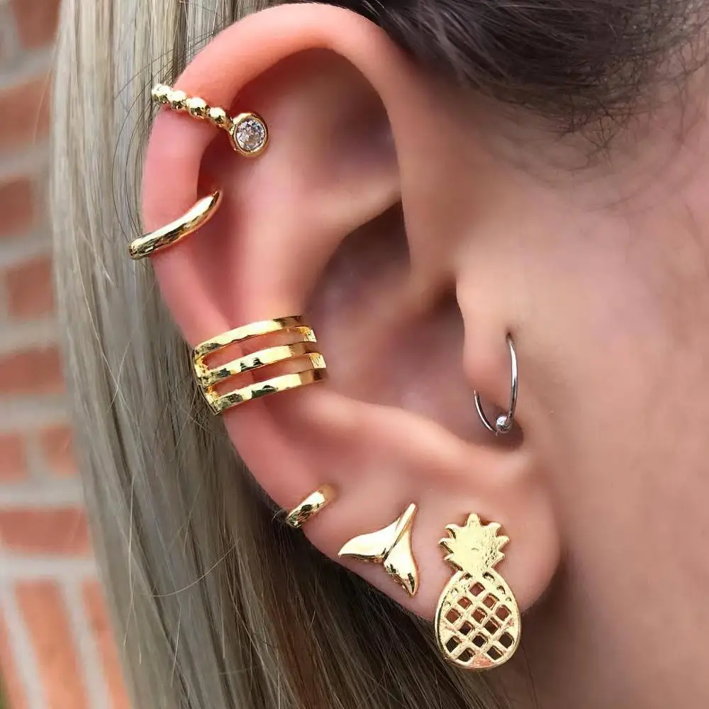 

7 pcs New Punk Mix Design Small Tail Pineapple Earrings Set for Women Girl Trendy Gold Color Circle Crystal Ear Cuff Earrings