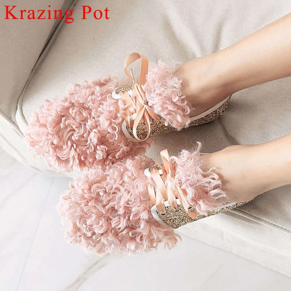 

Art design sweet girls sequined studded fashion fur decoration low heels lace up shallow pumps british preppy style shoes L6f1