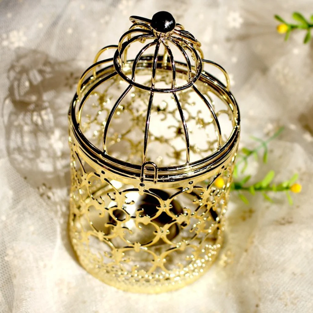 Electroplated Metal Birdcage Shape Tea Light Candle Holder Hollowed Flower Pattern Candlestick, 3.15 x 5.51inch