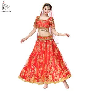 Bollywood Dance Performance Indian Dresses For Women Costume Belly Dance Suits Tops Sleeve Coins 4pcs Set Top Belt Skirt Veil