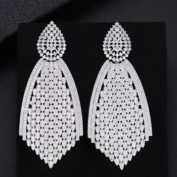 

66mm Trendy Geometry Drop Pierced Hollow Pendant Full Cubic Zirconia Dangle Earings Women Wedding Bridal Jewelry