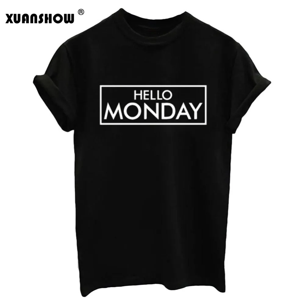 2018 летняя модная женская футболка с принтом HELLO MONDAY футболки черно-белая
