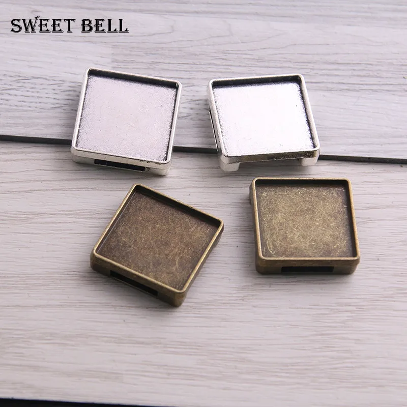 15pcs square leather slider beads two color blank 20mm cabochon setting diy bracelets making supplies hole 2.5*10mm D6425 | Украшения и