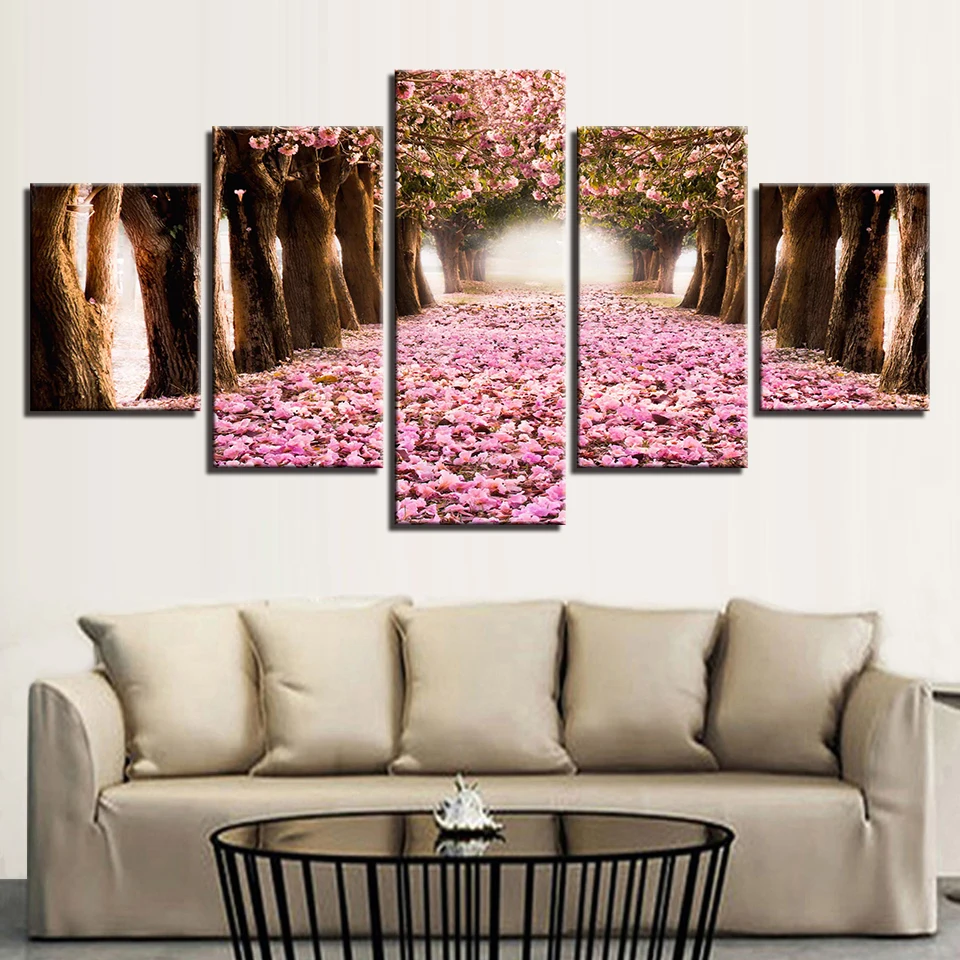 

Modular Canvas Wall Art Pictures HD Prints 5 Pieces Cherry Blossoms Forest Path Painting Home Decor Flowers Trees Nature Poster