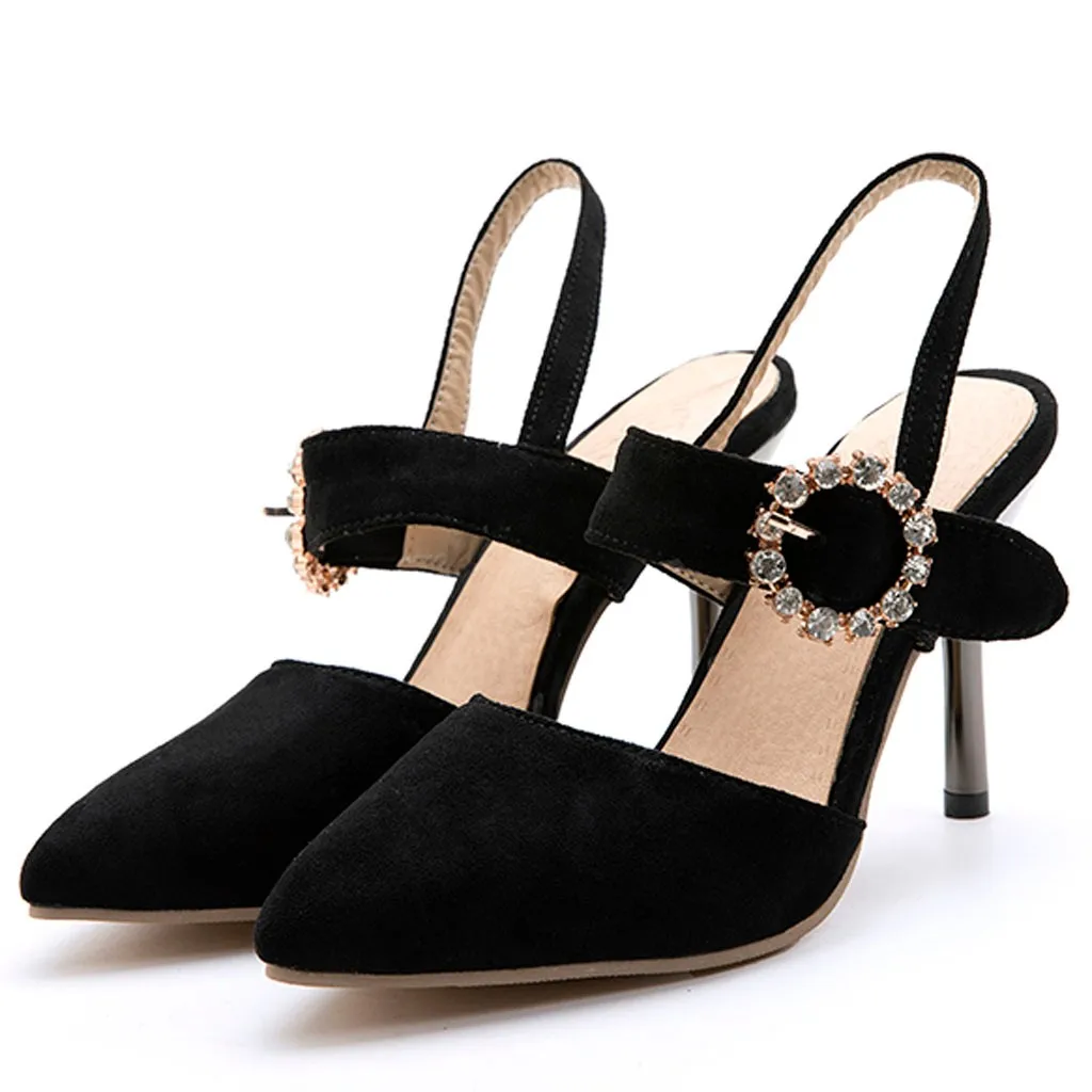 

SAGACE Women's High Heel Sandals Flock Rhinestone Buckle Pointed Sandals Casual Sexy High Quality Super High 8cm-up Ladies Shoes