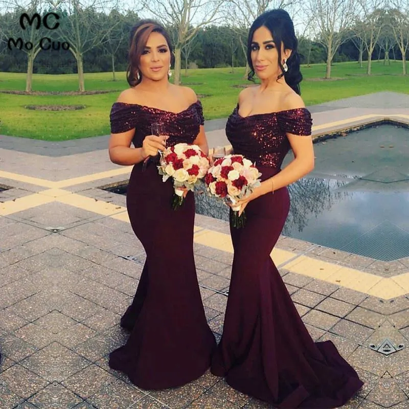 Glitter Sequin V-neck Off The Shoulder Satin Mermaid Bridesmaid Dresses444