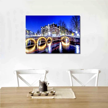 

Modern LED canvas painting Nodic landscape night scene art prints light up city wall pictures for restaurant bedroom living room