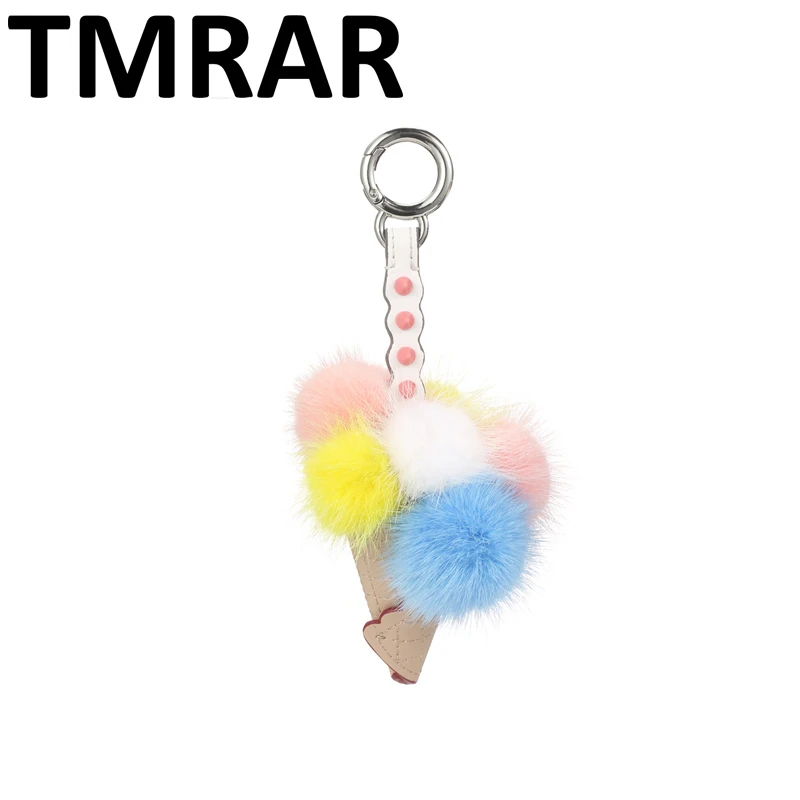 

New 2019 design cute ice cream pendent with studs mink fur women genuine leather lady lightweight organizers trendy qn402
