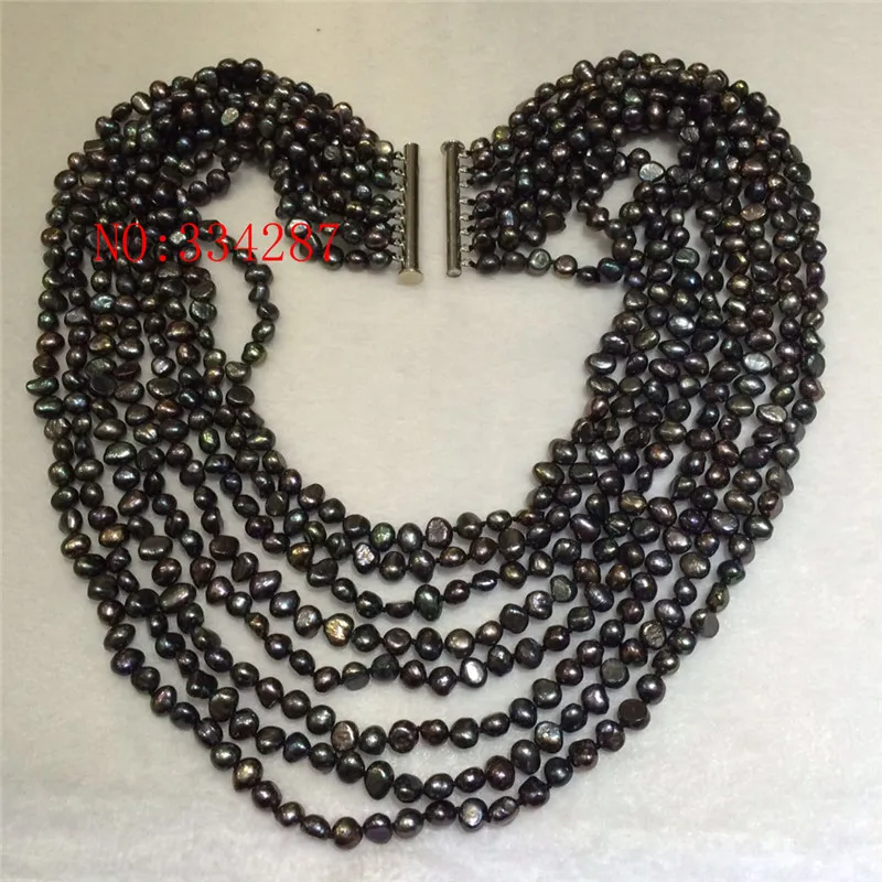 Новинка 6-7 мм 1"-24" 8 ряд барокко натуральный пресноводный жемчуг черный жемчуг ожерелье 925 серебряная застежка