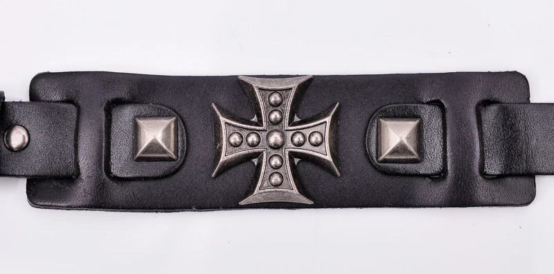 Metal Cross Studded Pyramidtype Studded Genuine Punk Quality Wide Cowhide Leather Bracelet Cuff Wristband Bangle Black