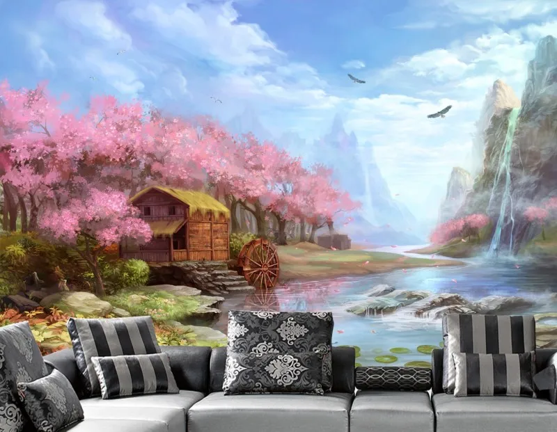 

2015 Newest purple background purple trees with wood house and oil painting design 3d wallpapel 3d mural sofa background sticker