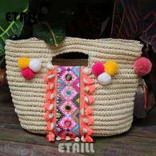 Sommer Böhmen Strick Stroh Mode frauen Handtaschen Strand Pompon Quaste Gesponnener Indische Trage Luxus Berühmte Marke Umhängetaschen