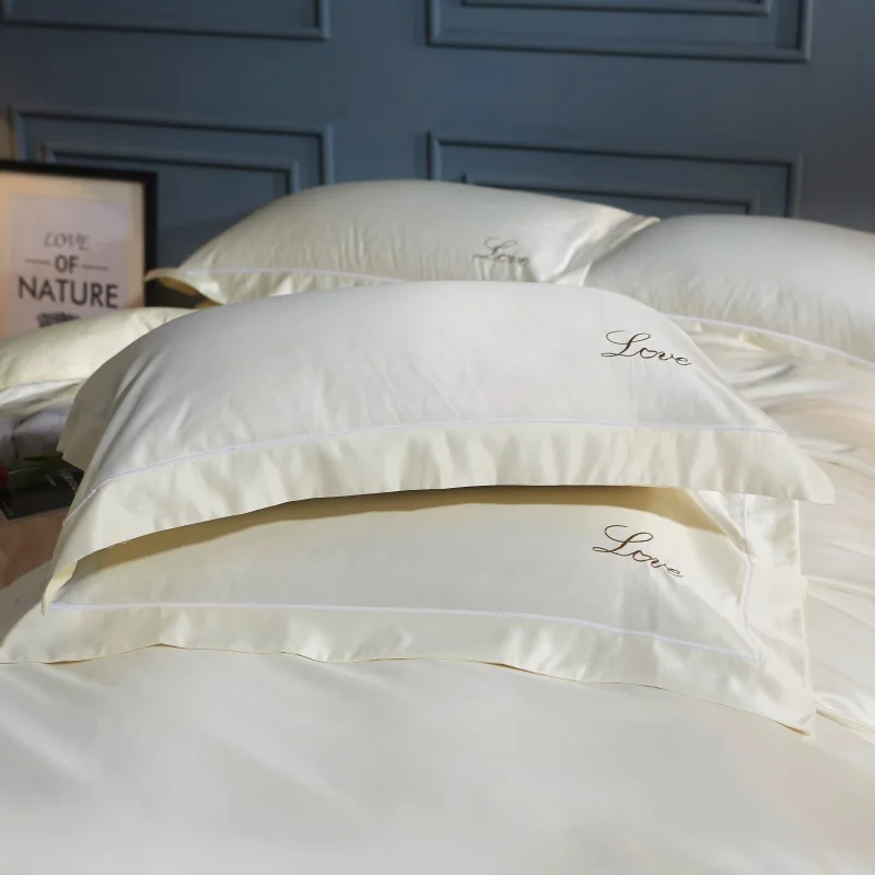 

1Pair Super Soft Comfortable Luxury Embroidery 100% Cotton and Washed Silk Pillow Case Summer Solid Color Couple Pillow Cover