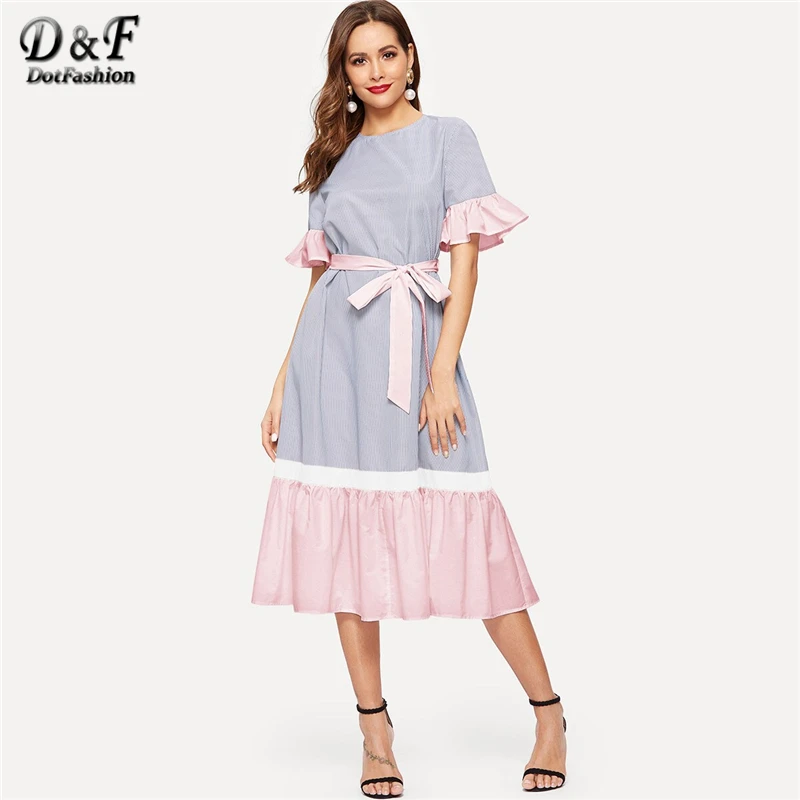 

Dotfashion Ruffle Hem Color-block Belted Striped Dress For Women 2019 A Line Summer Dresses Flounce Half Sleeve Midi Dress