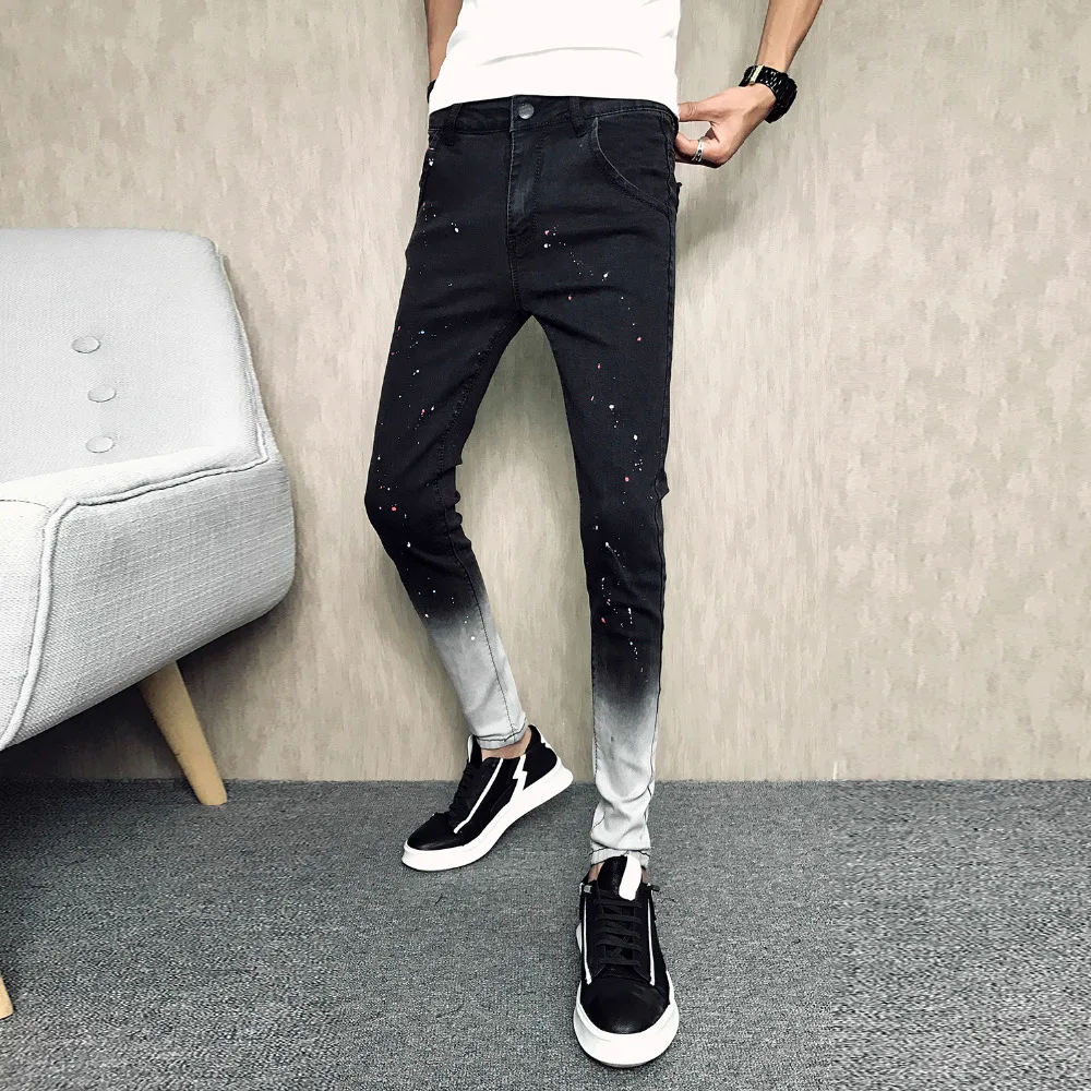Летние брендовые новые джинсы для мужчин, мода, лоскутные цветные облегающие джинсы, Мужские повседневные черные джинсовые штаны, мужские брюки 34-28