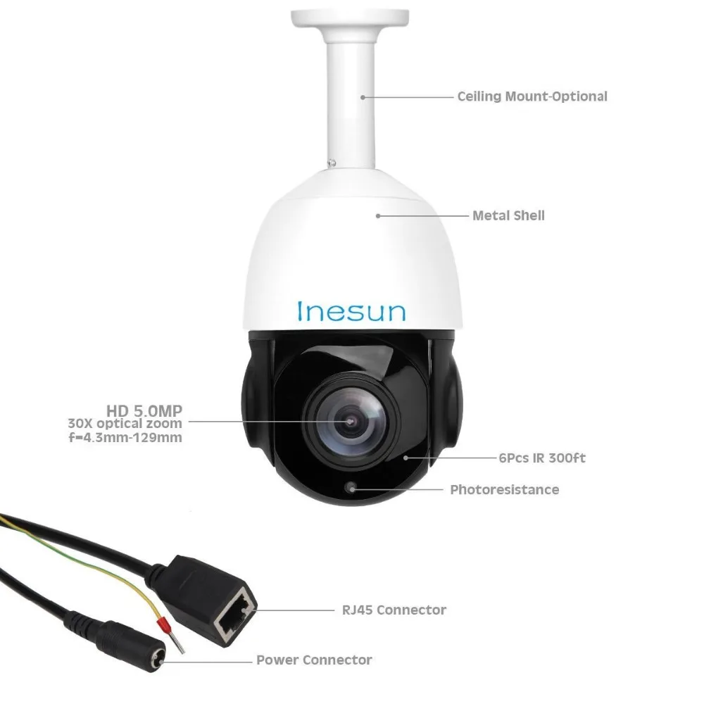 Inesun 4 дюймовая PoE PTZ IP камера 5MP супер HD 2592x1944 30x оптический зум наружная