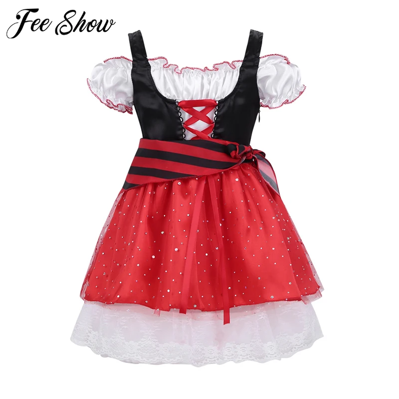 

Kids Girls Halloween Christmas pirate costumes Glittery Sequins Off Shoulder Elastic Halloween Cosplay Fancy Party Tulle Dress