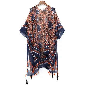 

Women Bohemian Kimono Cardigan Vintage Beige Small Flower Print Spring Cardigan Irregular Retro Floral Loose Long Blouse Shirt