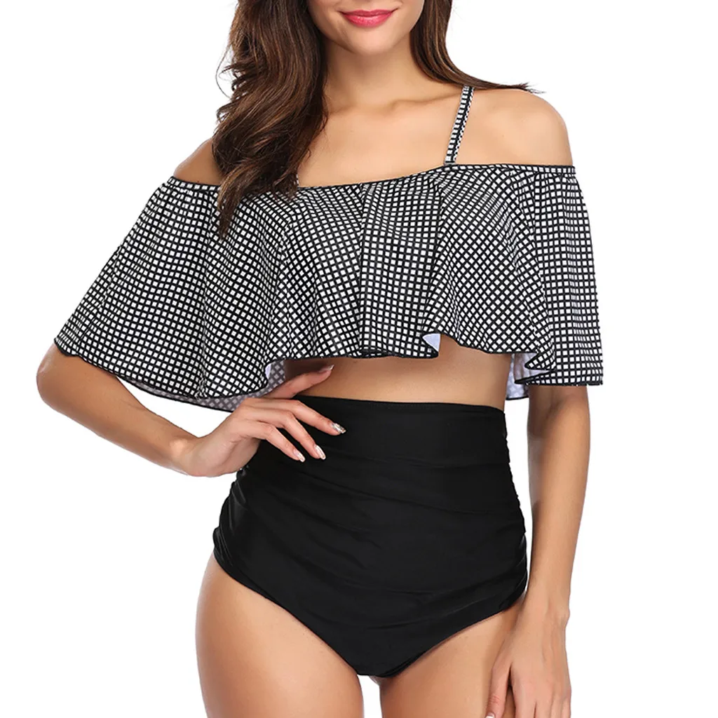 

Women Two Pieces Bathing Suits Top Ruffled With High Waisted Bottom Bikini Set