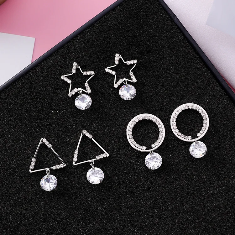 

Korean Simple 925 Sterling Silver Stud Earrings Cubic Zircon Star Triangle Round Geometric Earring for Women Wedding Bridal Gift