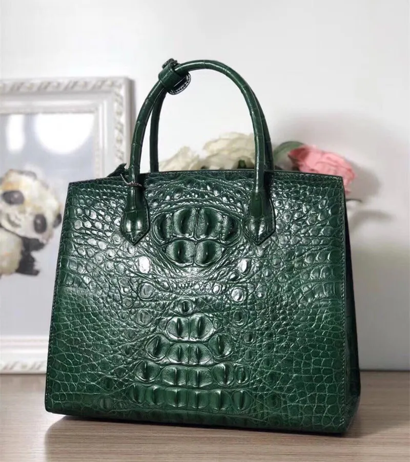 

Genuine Alligator Skin Female Top-handle Handbag Dark Green OL Lady Working Purse Crocodile Leather Women's Large Shoulder Bag