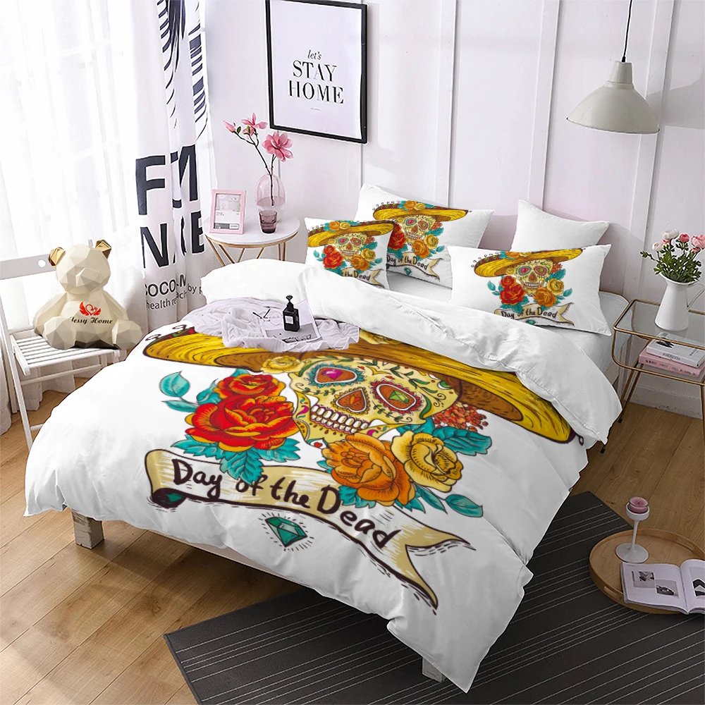 Skull Bedding Set Queen Size Yellow Duvet Cover 3Pcs Day of the Dead Home Textiles US/AU/RU with Pillow Case M2225 | Дом и сад